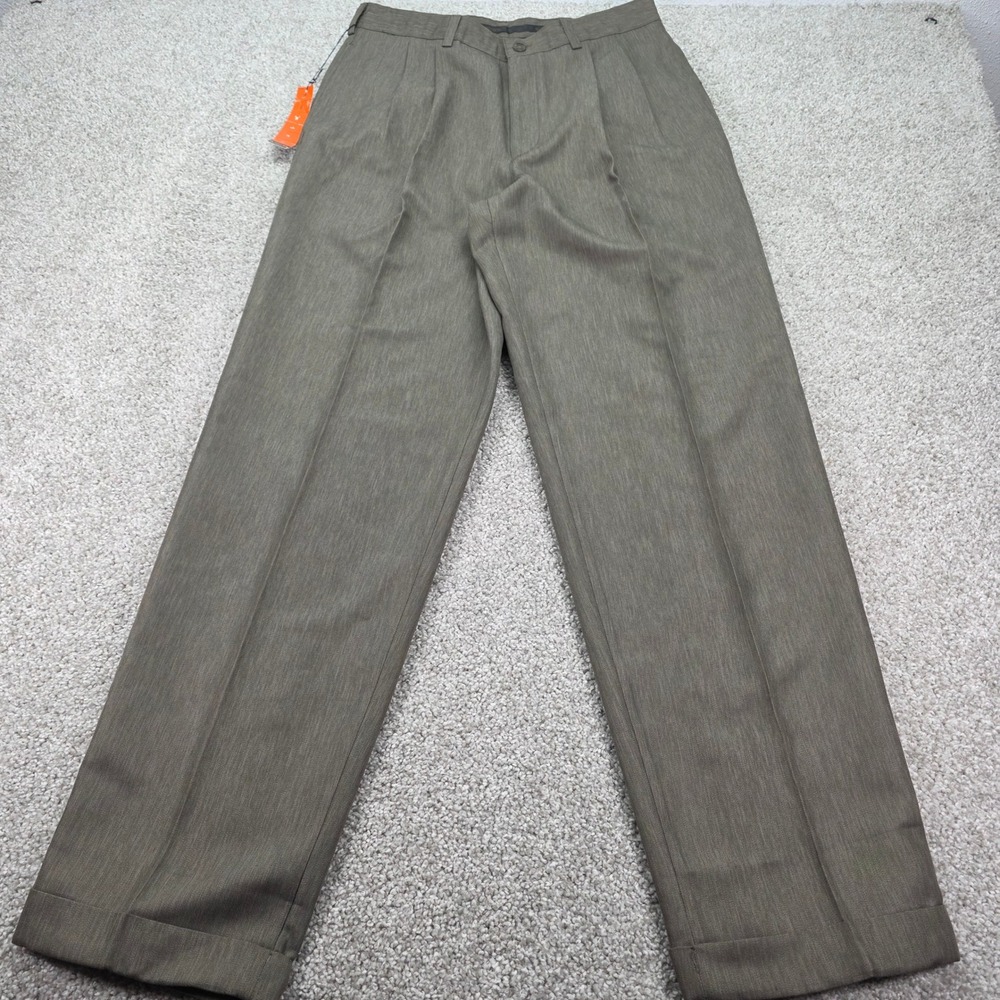 New Savane Synatural Mens Pleated Cuffed Dress Pants Olive‎ Brown 32x32 RN 21201